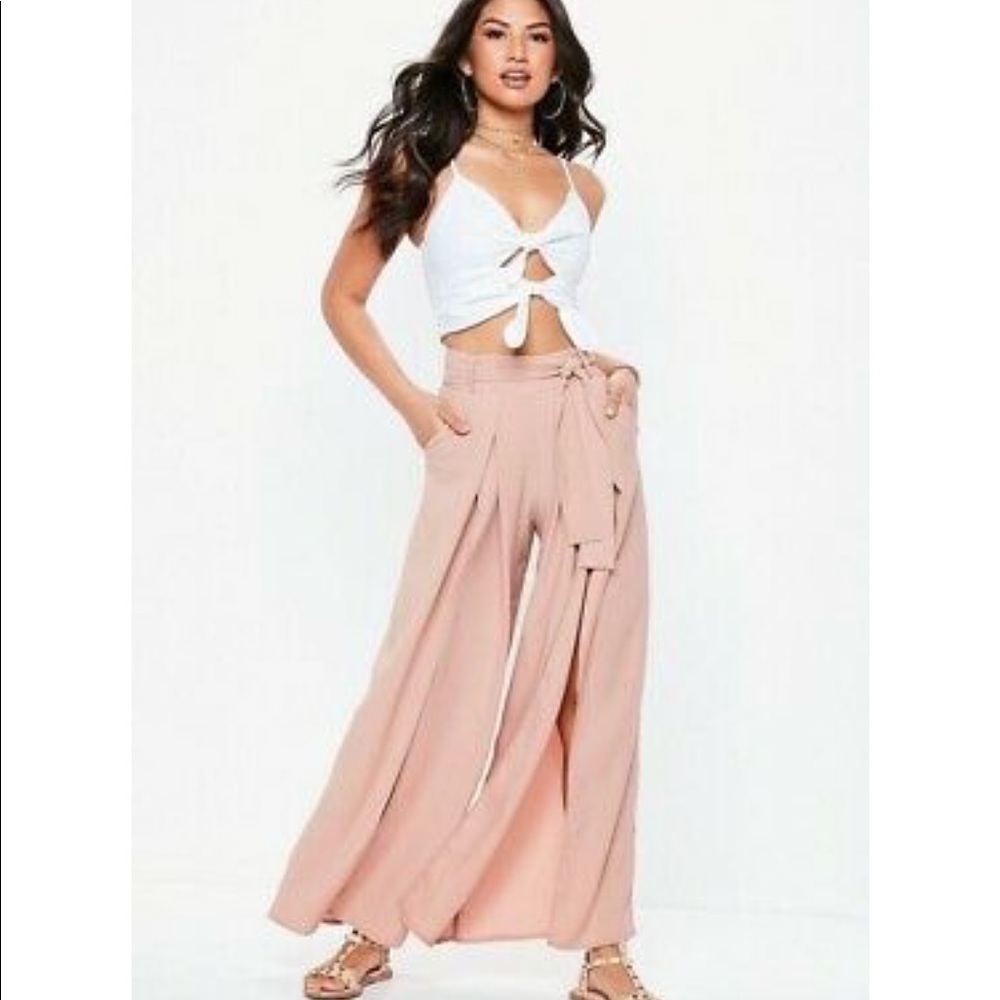 Misguided Nude Extreme Split Belted Wide Leg Pants
